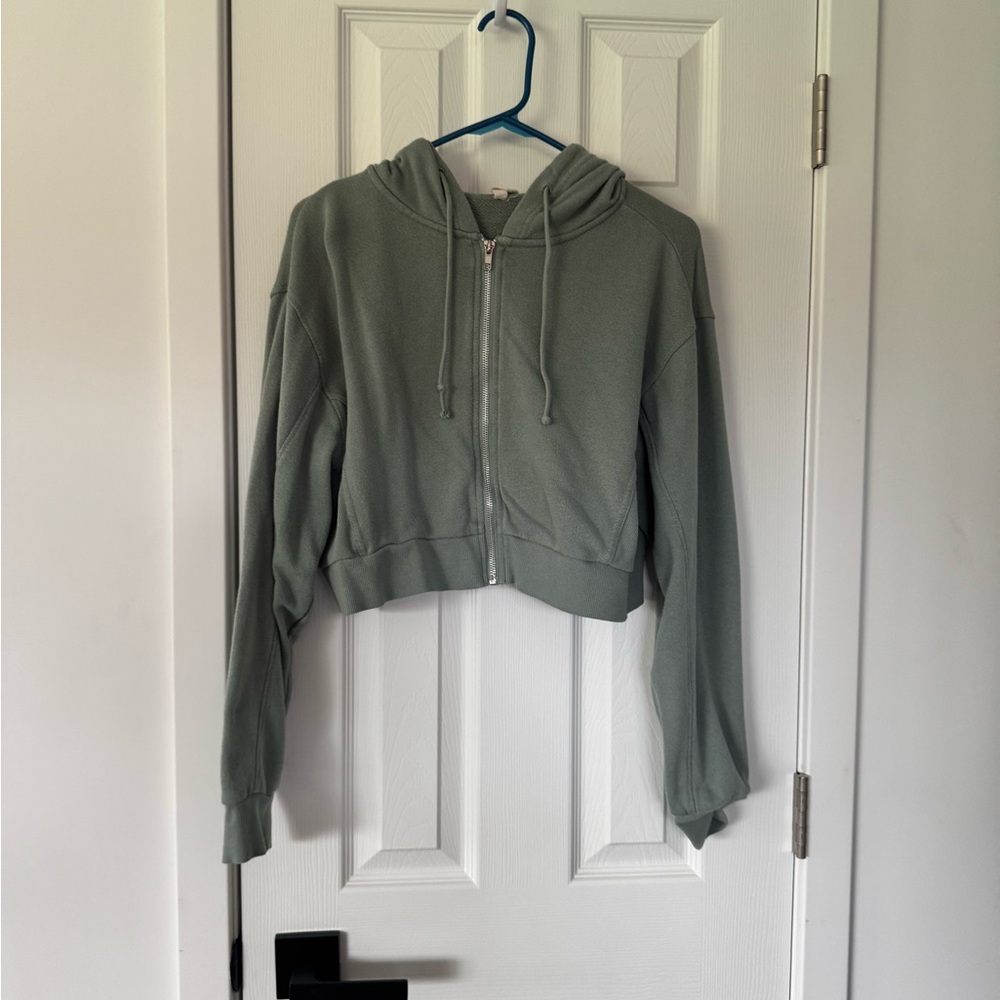 Blueish-Green Cropped Zip-Up Hoodie